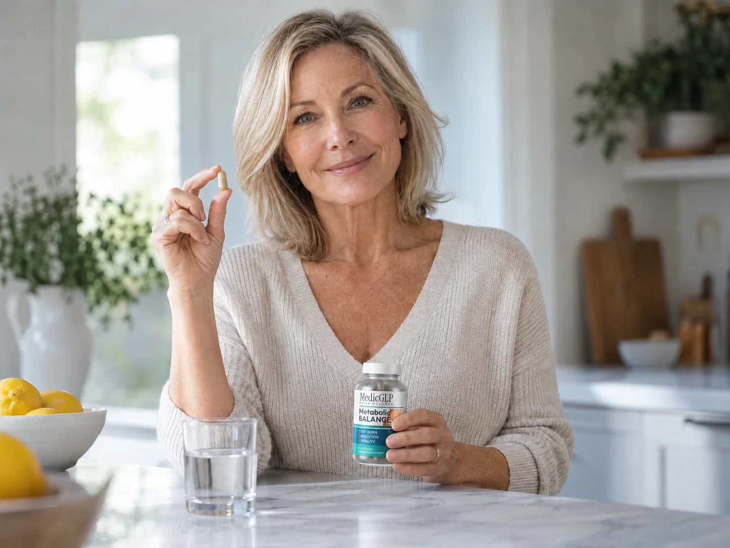 MedicGLP daily capsule format Mature woman holding a capsule and MedicGLP bottle as part of a daily routine